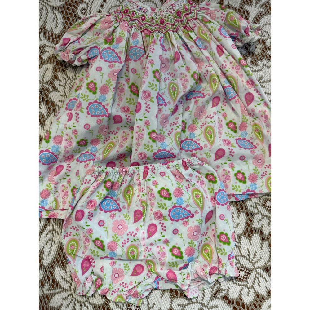 Petit Ami Baby Girl Smocked Dress Bloomer Set Floral Paisley Pink Green 6M